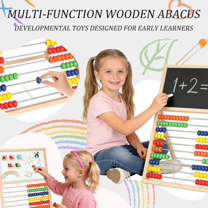 Wooden Abacus for Kids Math – Double-Sided Drawing Board with 100 Counting Sticks, 3 Sets Cards, Clock & Accessories, Educational Learning Toy for Ages 3-8, Homeschool & Preschool Essentials