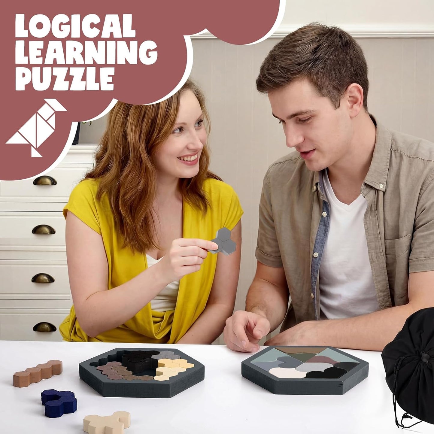 Yunsailing 3 Pack Large Hexagon Tangram Puzzle Wooden Brain Puzzles for Adult Challenge Wood Russian Blocks Brain Teasers Geometric Jigsaw Block Logic Iq Stem Family Graduation Gifts(Vintage)
