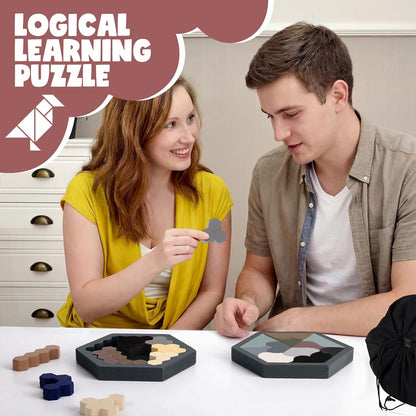 Yunsailing 3 Pack Large Hexagon Tangram Puzzle Wooden Brain Puzzles for Adult Challenge Wood Russian Blocks Brain Teasers Geometric Jigsaw Block Logic Iq Stem Family Graduation Gifts(Vintage)