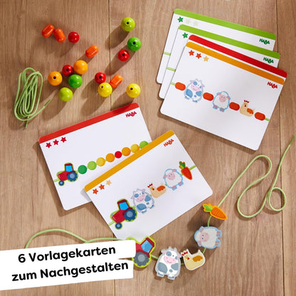 HABA Threading Game Farm Friends - Creative Educational Game & Threading Chain with 21 Wooden Beads & 2 Cords Including Template Cards - Threading Fun for Children from 3 Years - 1305780001