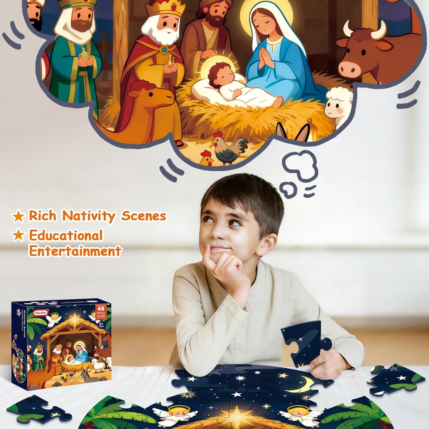 Sitodier Nativity Scene Puzzles for Kids Age 3-5 and 4-6, 48pcs Nativity Large Floor Jigsaw Puzzle Educational Toys Easter Birthday Gift for Toddlers Boys Girls Ages 3 4 5 6 Years Old