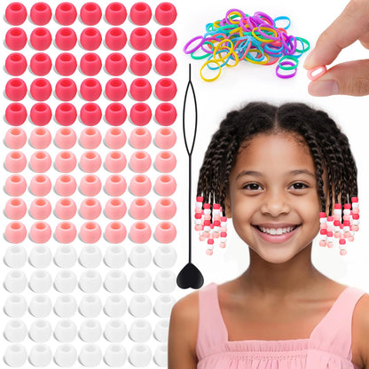 150Pcs 10mm Small Silicone Beads for Hair Braids, Soft Jellyish Pony Hair Beads with 5mm Hole + 50 Rubber Bands and 1 Beader for Braiding, DIY Bracelets Necklaces Crafts (Pink)