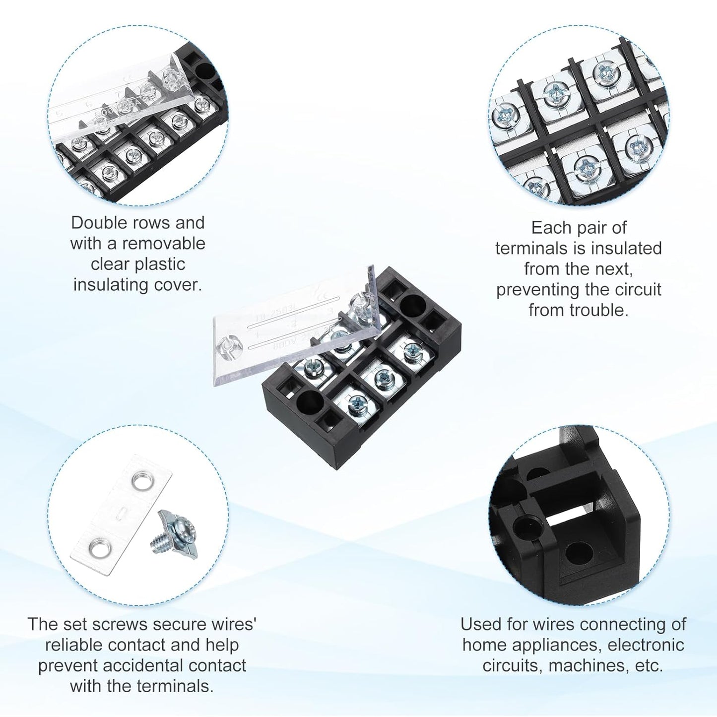 uxcell 10 Pcs Barrier Terminal Strip Block 600V 25A Dual Rows 8 Positions Rail Base Screw Connector(The Shell is Made of Flame Retardant and Heat Resistant Material)