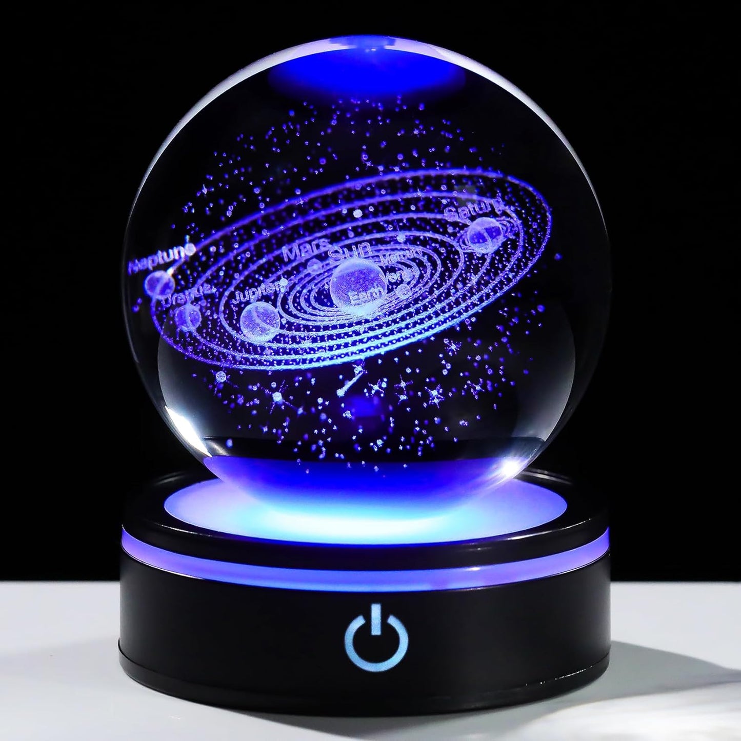 YWHL 3D Solar System Crystal Ball 80mm with Light Base, Laser Engraved Glass Planet Solar System Model Sphere Night Light Decor Space Universe Astronomy Gifts for Women Men Teens Boys and Girls