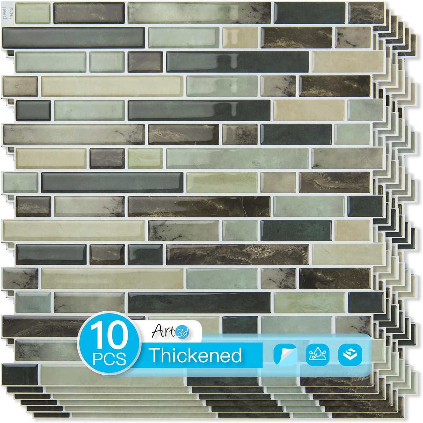 Art3d 10-Sheet Heavy-Duty Peel and Stick Backsplash, Waterproof Wall Tiles Stick on Kitchen Backsplash Living Space, Carrara Grey