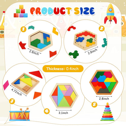 5 Pack Wooden Tangram Puzzle for Kids Wooden Hexagon Puzzle Block Teaser Geometric Shapes Tangram Games for Jigsaw 3D Logic IQ Game Gift(Geometry)