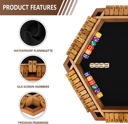 Nicecho 2-6 Players Shut The Box Dice Game, Wooden Board Table Math Game with 16 Dice, Classics Tabletop Games for Kids Adults, Family,Classroom,Home,Party or Pub