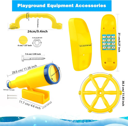 5 Pcs Kids Playground Accessories for Kids Outdoor Plastic Steering Wheel Swingset Phone Pirate Telescope Telephone Safety Handle for Child Backyard Tree House Playhouse Jungle Gym (Yellow Set 1)