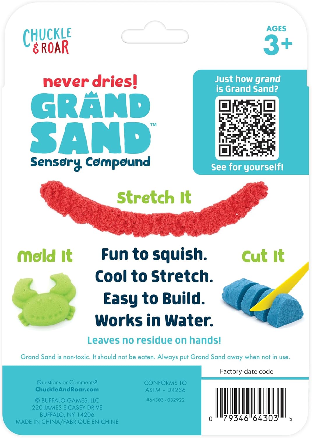 Chuckle & Roar Grand Sand Play Sand - Red, Blue & Green, Ages 3+, Pack of 3 - Never Dries, Sensory Bin Filler - Works Under Water, Sensory Table Filler - Stretch, Mold & Cut