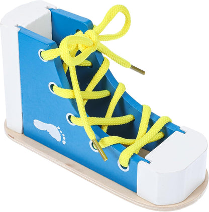 Learn to Tie Shoes for Kids Wooden Lacing Sneaker Educational Toy Safe & Reusable Wooden Shoe Tying Practice Kit Wood Lacing Sneaker Toy for Tie-Up Shoe Practice Threading Montessori Toys(Blue)