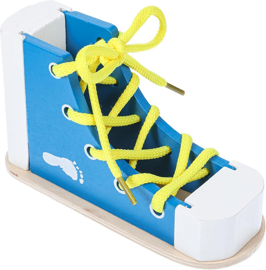 Learn to Tie Shoes for Kids Wooden Lacing Sneaker Educational Toy Safe & Reusable Wooden Shoe Tying Practice Kit Wood Lacing Sneaker Toy for Tie-Up Shoe Practice Threading Montessori Toys(Blue)
