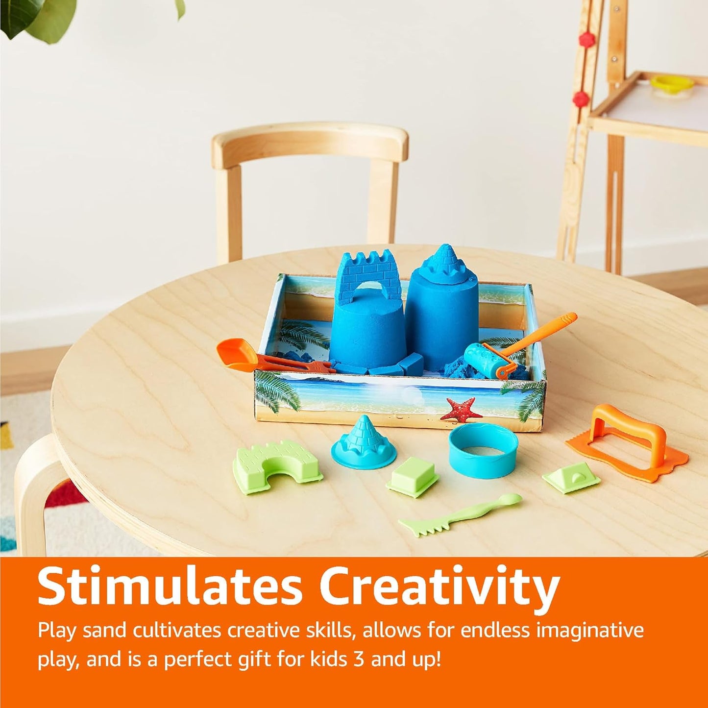 Amazon Basics 11 Piece Moldable Sensory Sand Toy Kit with Castle Molds and Tools, 3lbs Blue Color, for Kids Ages 3 and Up