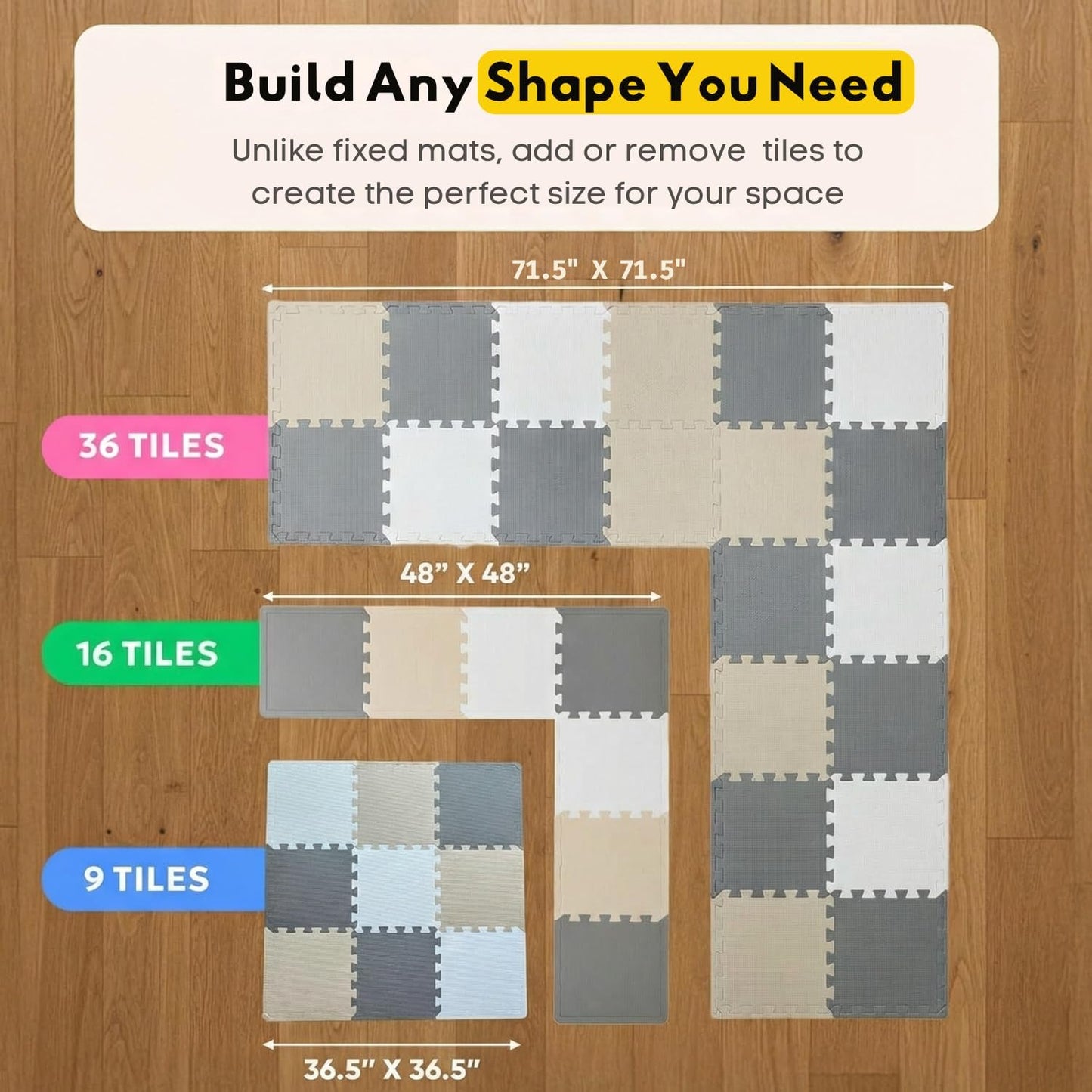 MioTetto Baby Play Mat, Soft Foam Floor Tiles for Kids. Adjustable Interlocking Foam Tiles, Fits with 50x50 Playpen Baby mat for Crawling & Development, Safe & Non-Toxic Playmat for Babies 6-12 Months