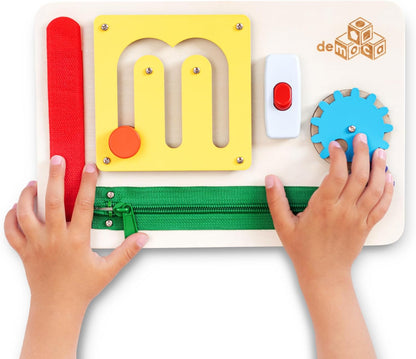 deMoca Toddler Busy Board for 1 Year Old, Travel Baby Wooden Montessori Busy Board for Toddlers 1–3, Switch and Fidget Activities for Early Motor Skills and Travel Play