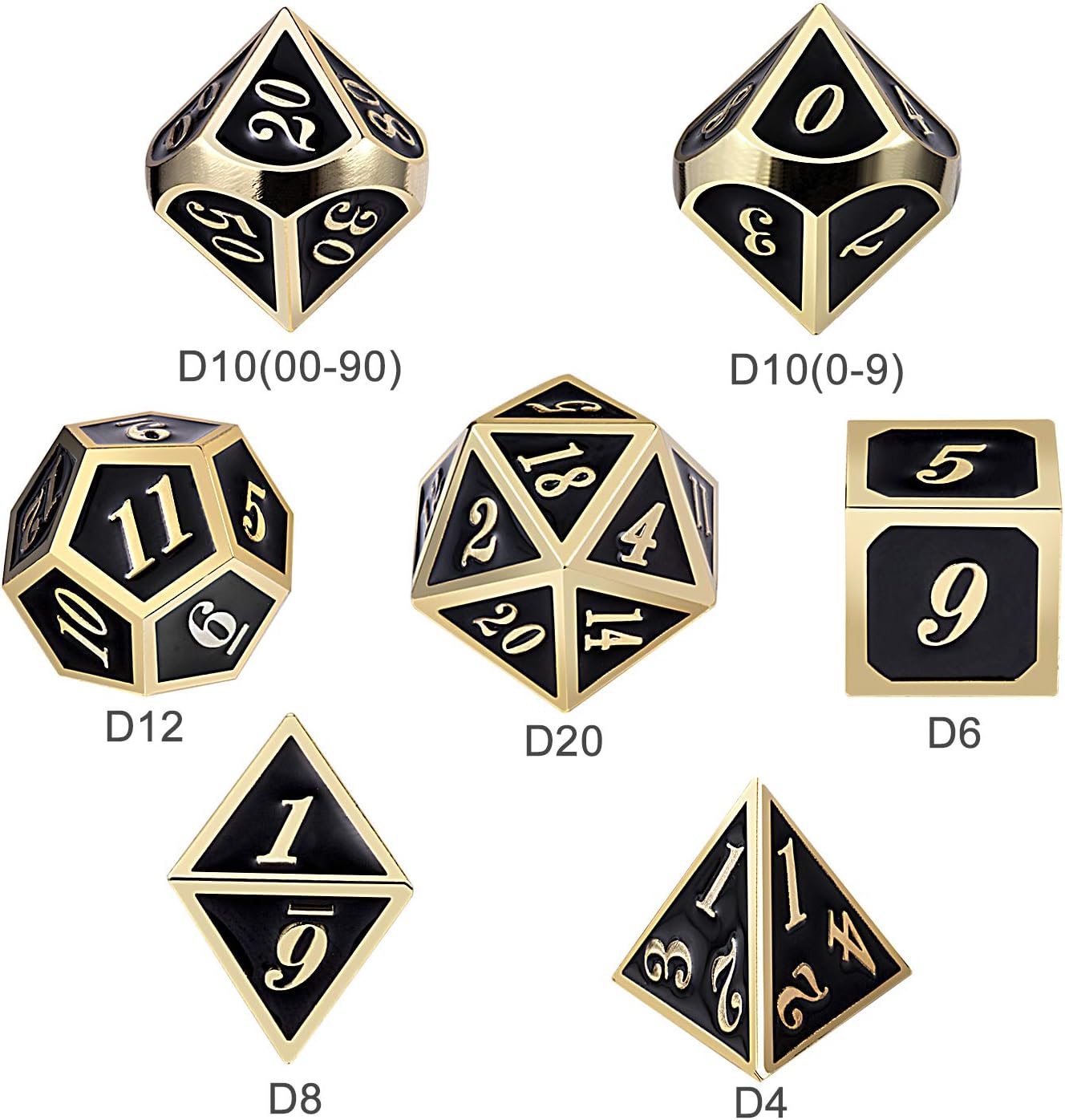 DnDnD Heavy Polyhedral Metal Dice Set with Metal Box, 7-die Shiny Blue Surface with Golden Number for RPG,Dungeons and Dragons,Pathfinder,Shadowrun,D&D,Role Palying Game and Math Teaching - Colors A
