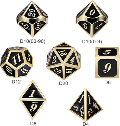 DnDnD Heavy Polyhedral Metal Dice Set with Metal Box, 7-die Shiny Blue Surface with Golden Number for RPG,Dungeons and Dragons,Pathfinder,Shadowrun,D&D,Role Palying Game and Math Teaching - Colors A