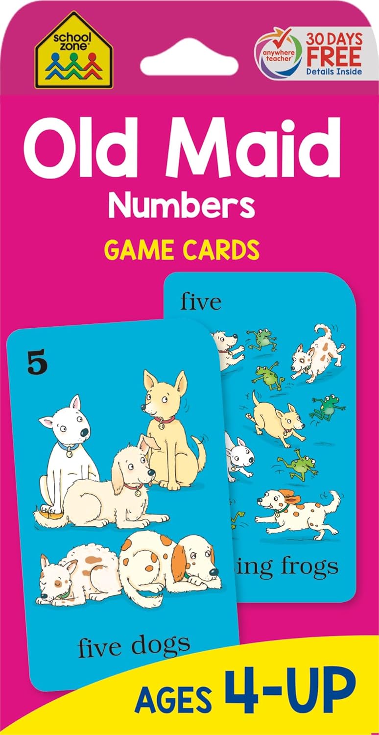 School Zone Old Maid Numbers Game Cards: 56 Cards, Preschool, Kindergarten, 1st Grade, Card Game, Numbers 1-12, Early Math, Animals, Counting, Matching, Pairing, Ages 4+