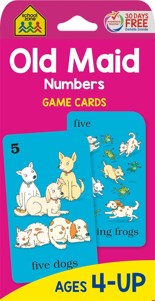 School Zone Old Maid Numbers Game Cards: 56 Cards, Preschool, Kindergarten, 1st Grade, Card Game, Numbers 1-12, Early Math, Animals, Counting, Matching, Pairing, Ages 4+