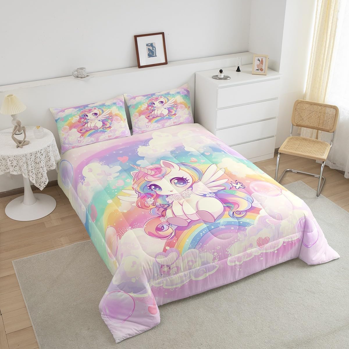 Castle Fairy Drum Kit Comforter Set,Musical Instruments Bedding Set for Kids Girls Women,Adults Rock Music Comforter,Neon Lighting Quilted Duvet Set Bedroom Collection Twin Size 2Pcs
