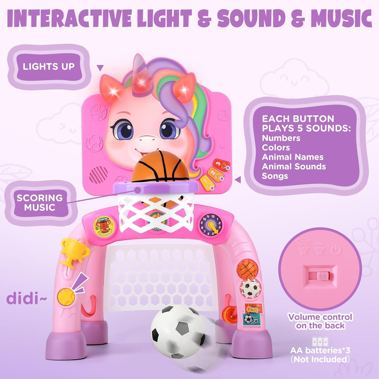 Liberry Toddler Basketball Hoop & Soccer Goal for 1 2 3 Year Old Girls Boys, Kids Sports Toy with Lights Sounds Music, Interactive Christmas Birthday Gift for Baby, Pink