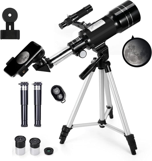 Telescope for Kids & Adults, 70mm Aperture 300mm Telescopes for Astronomy Beginners, 15X-150X Magnification Portable Refractor Telescope with Adjustable Tripod, Phone Adapter