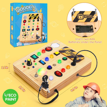 TINTECUSA Busy Board Montessori Toys for Toddler, Wooden Sensory Board Switch Toy with Shape Sorter LED Light Up Toys Educational Plane Travel Activity for Girls & Boys