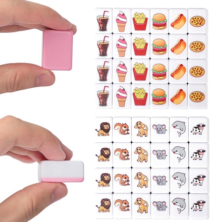 GRACIAS 2 Players Mahjong Block Set, Mahjong Tile Game with 50 Premium Pink Tiles(30mm) Animal and Food Pattern, Portable Mahjongg Set with A Carry Bag