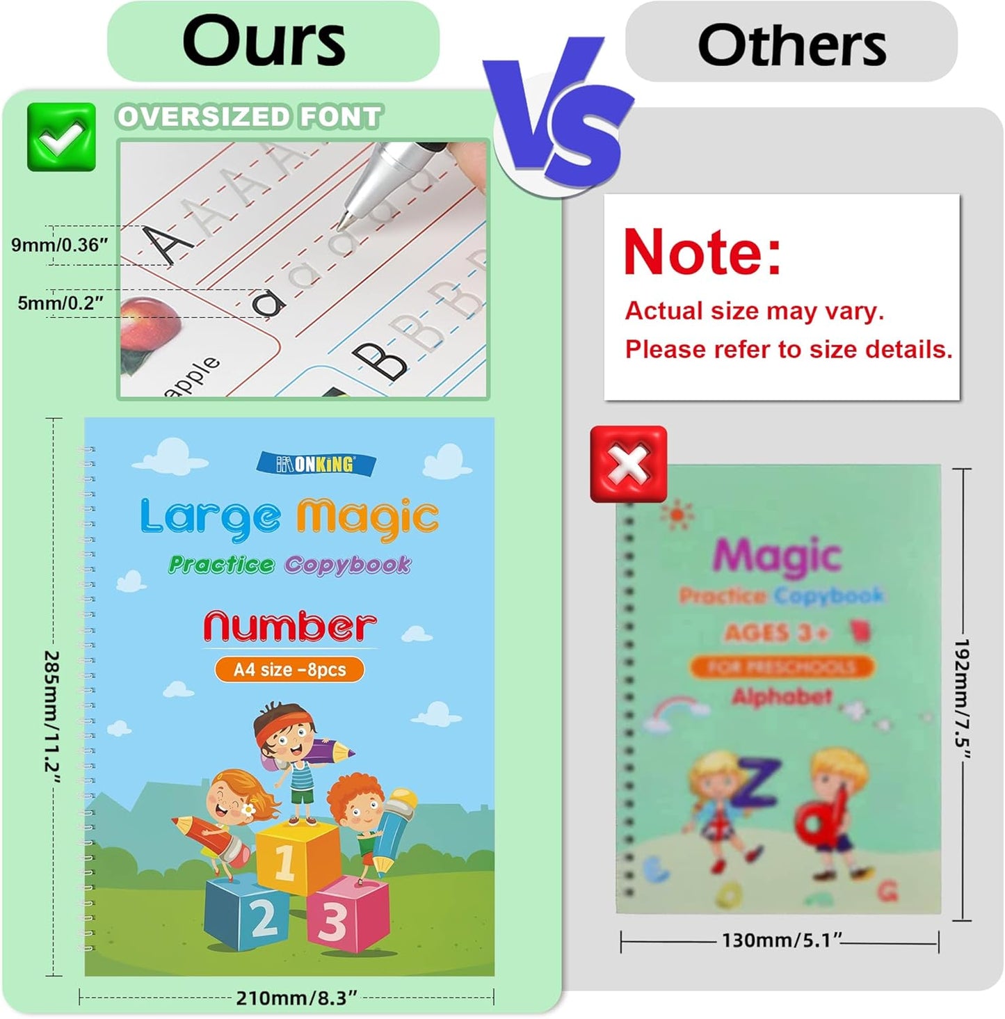 Large Magic Practice Copybook for Kids,Handwriting Grooved Practice Book 6 Pack with Pen Refill English Cursive Calligraphy Reusable Age 3-8（A4 Size）