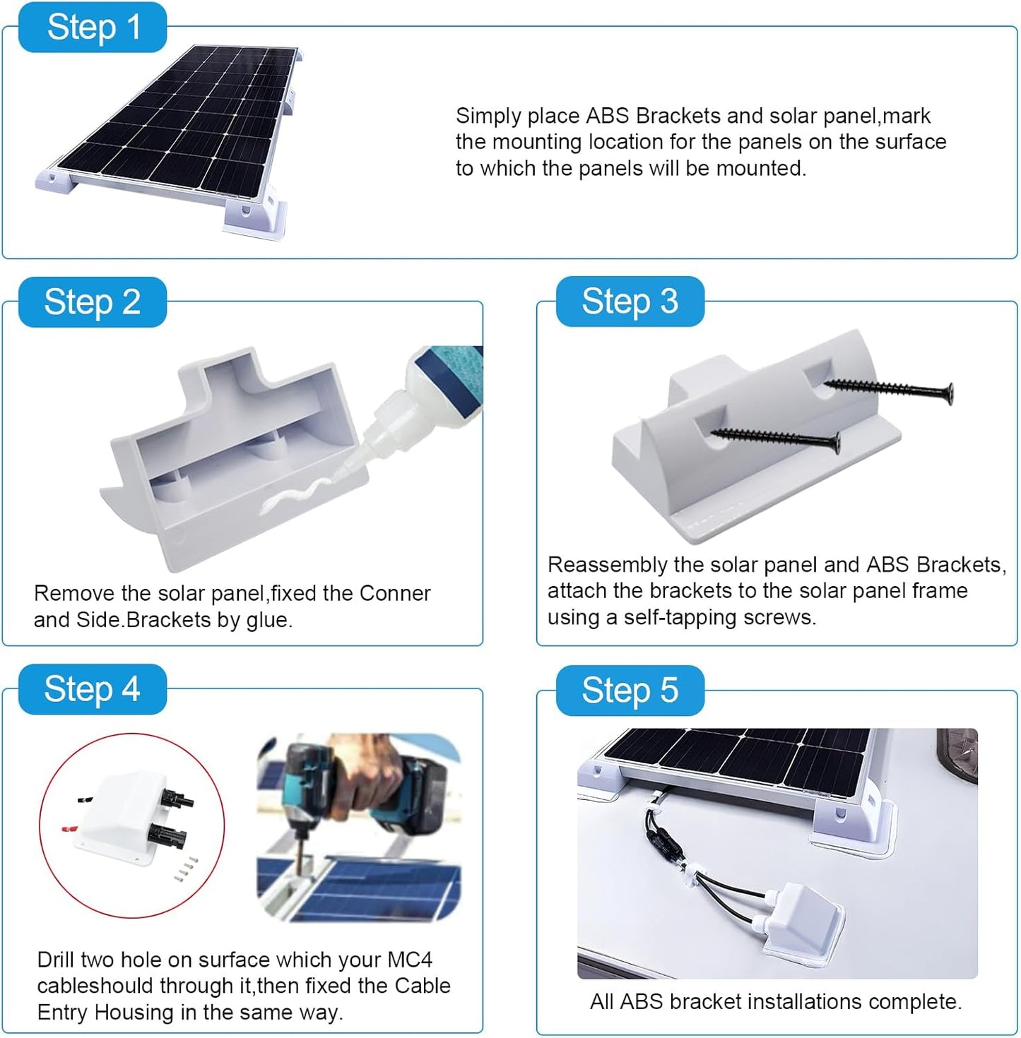Solar Panel Mounts Bracket Set of 4pcs (White), Drill Free ABS Corner Roof Brackets Mounting Kit, Durable Solar Mount Rack Accessories for RVs, Trailers, Boats, Yachts, Vans, Carports