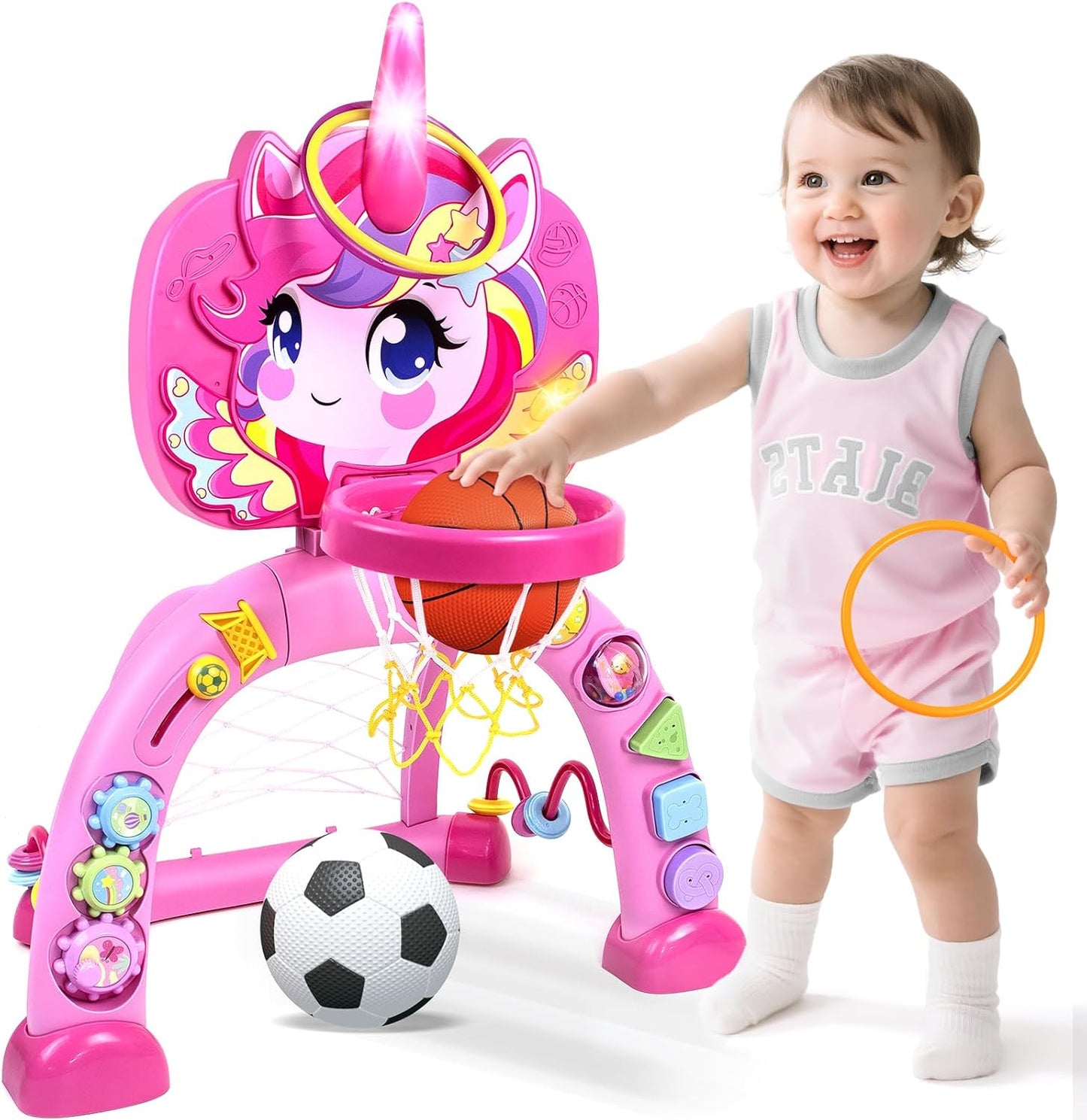 Marstone Toys for 1 Year Old Girl Gifts: Toddler Basketball Hoop and Soccer Goal with Sound and Music, Educational Sport Toys for Kids 1-3, 1st First 12-18 Month Birthday Present