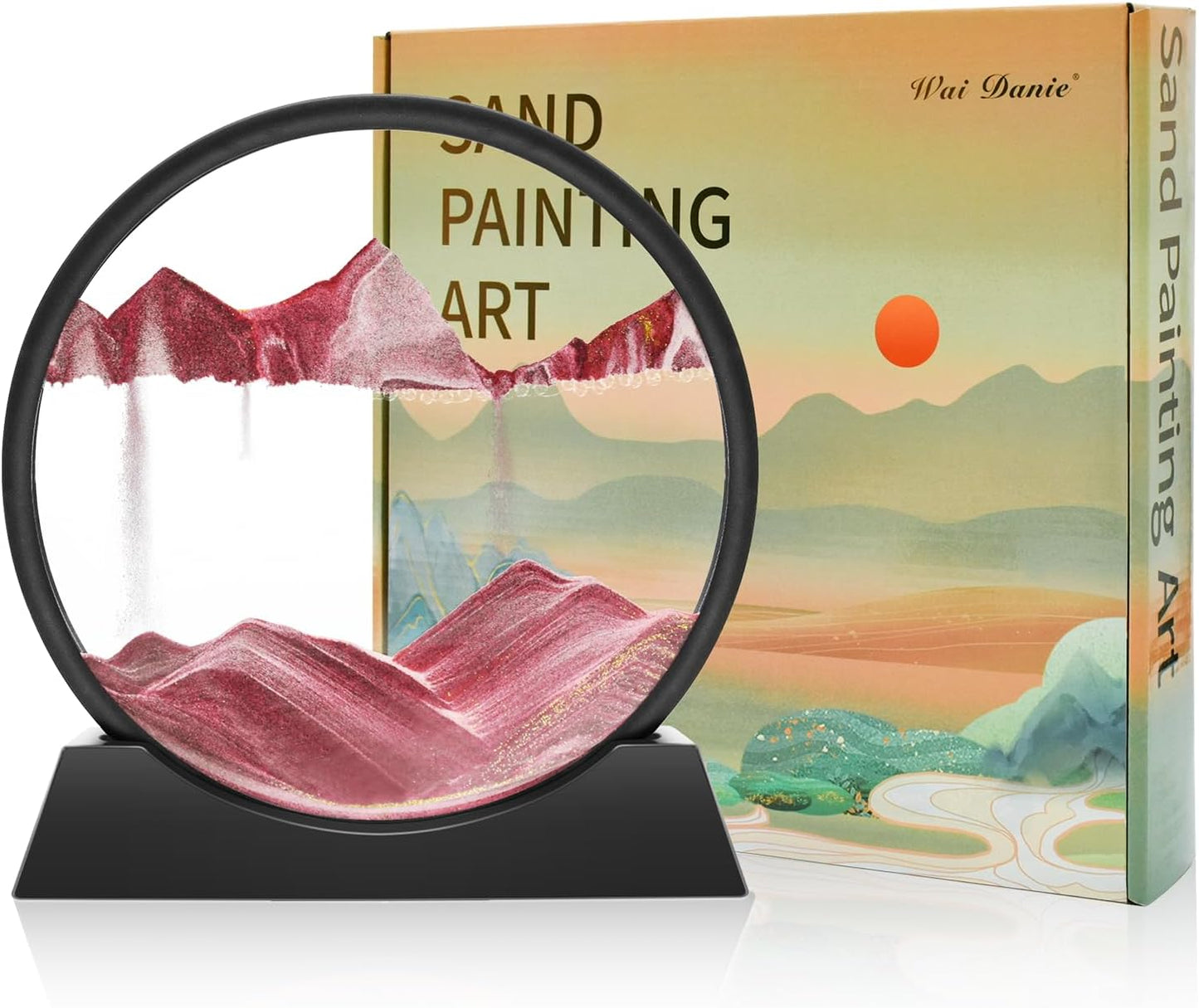 Wai Danie Moving Sand Art Picture 3D Hourglass Deep Sea Sandscape Liquid Motion Display Painting Flowing Sand Frame Relaxing Desktop Home Office Work Decor (Black, 12 Inches)