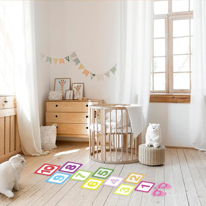 10Pcs Hopscotch Game Floor Stickers, Number Lattice Floor Sticker with 1 Pair Footprint Stickers, Funny Puzzle Games Wall Decals for Bedroom Living Room Ground Corridor