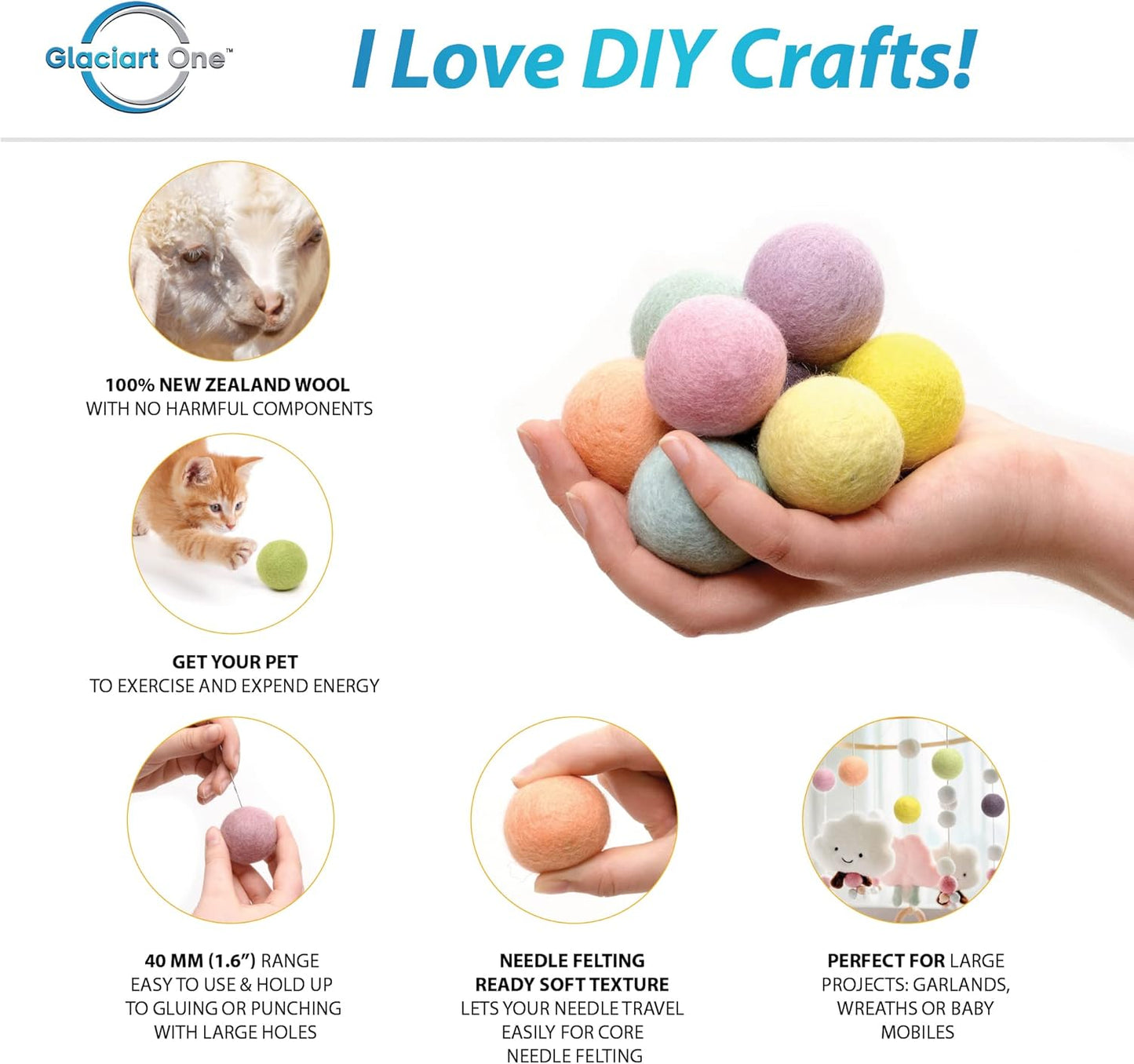 Glaciart One Felt Balls, Felt Pom Poms (5 Pieces) 4 Centimeters - 1.6 Inch, Handmade Felted 5 Vibrant Colors Wool Balls for Cats, Felting and Garland