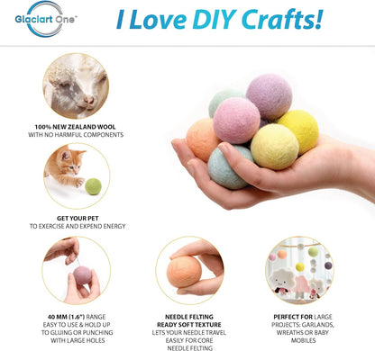 Glaciart One Felt Balls, Felt Pom Poms (5 Pieces) 4 Centimeters - 1.6 Inch, Handmade Felted 5 Vibrant Colors Wool Balls for Cats, Felting and Garland