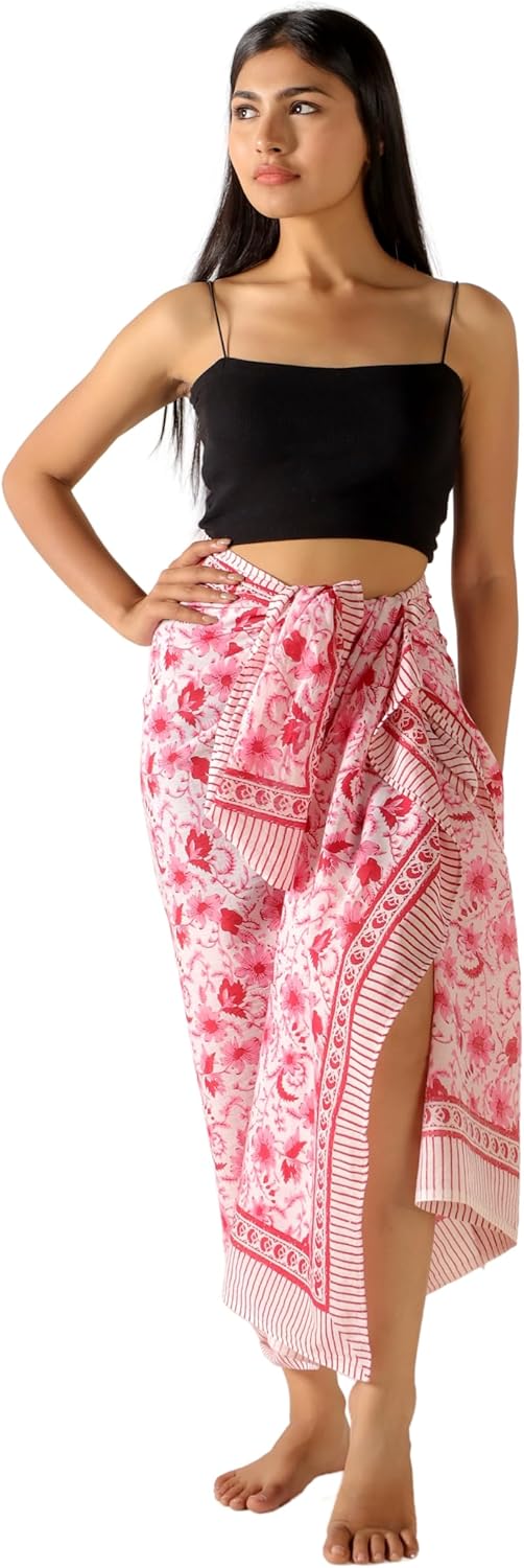 100% Cotton Sarong Cover Up for Women Indian Block Print Beach Wrap Skirt Long Boho Swimsuit Bikini Pareo (73” x 43”)