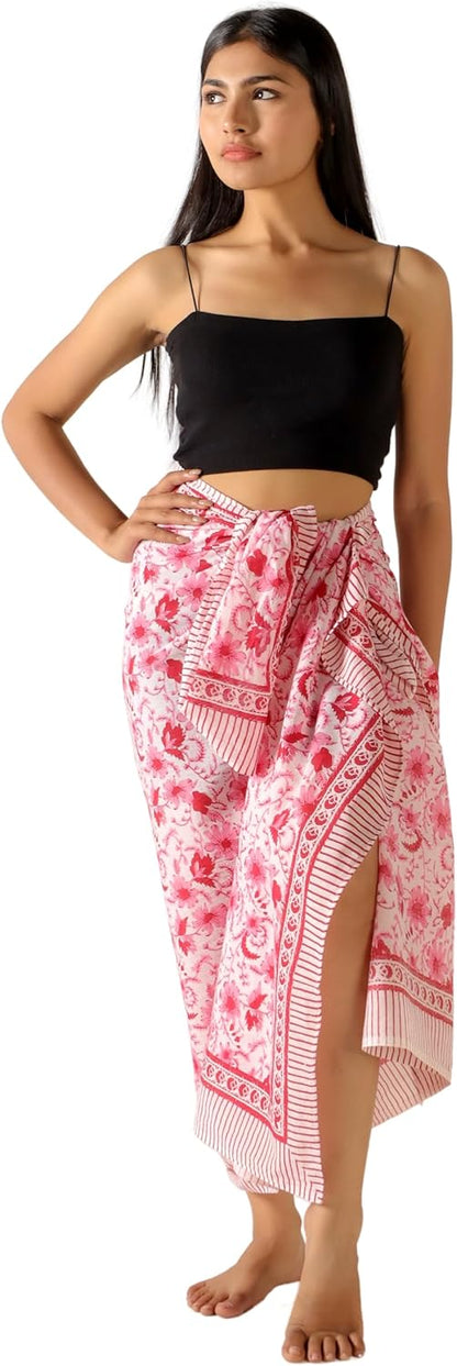 100% Cotton Sarong Cover Up for Women Indian Block Print Beach Wrap Skirt Long Boho Swimsuit Bikini Pareo (73” x 43”)