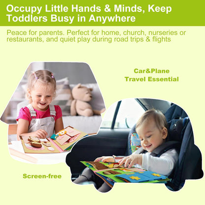 Felt Busy Book for Toddlers 1-3, Montessori Busy Board for 1 Year Old, Quiet Book Airplane Travel Toys, Sensory Early Learning Educational Toy, Road Trip Activity Books, Girls Birthday Gifts