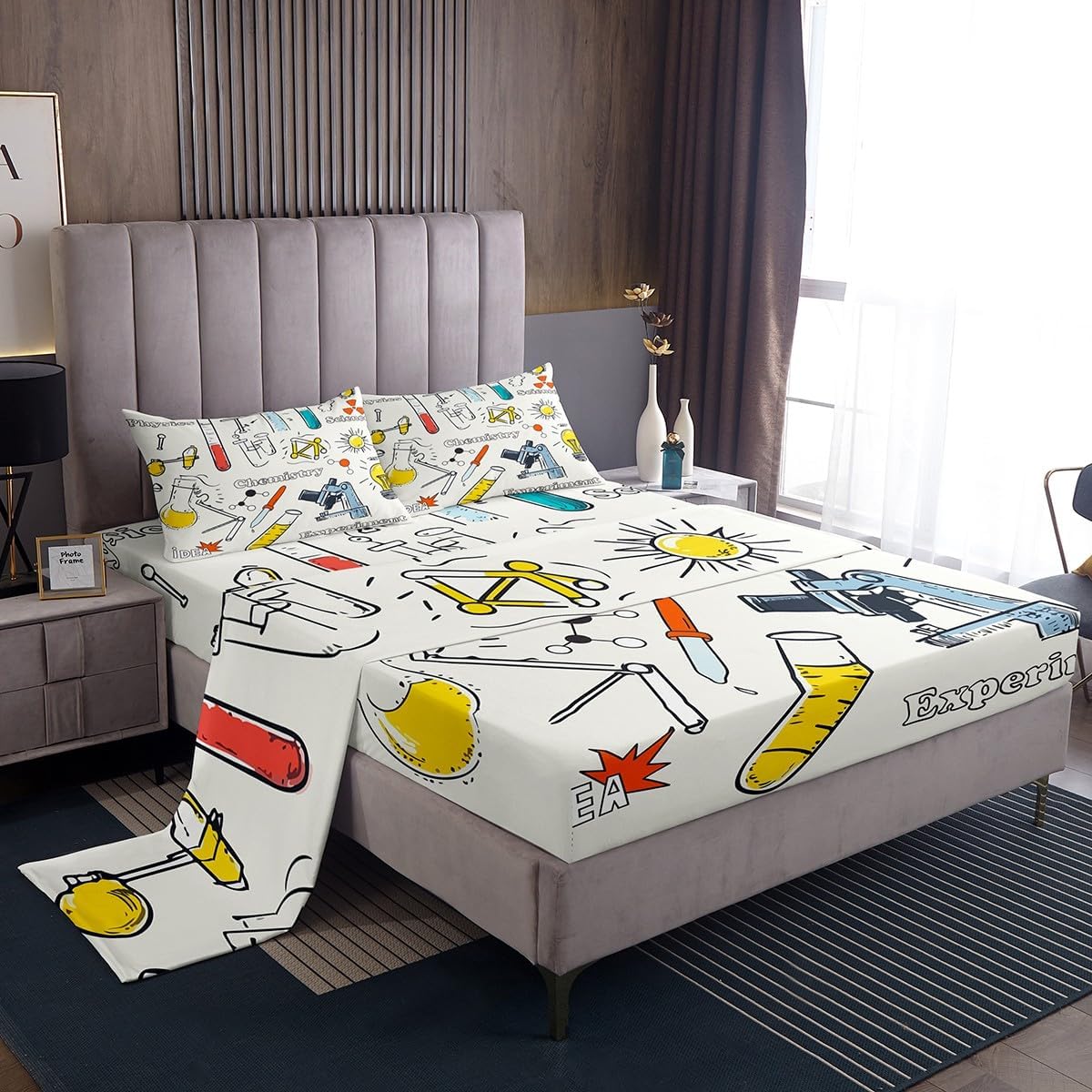 Erosebridal Science Theme Bed Sheets Set Full Size for Boys Girls Chemistry Periodic Table Print Sheet Set Chemical Subject Theme Sheets Teens Kids Math Science Atyle Fitted Sheet 4 Pcs