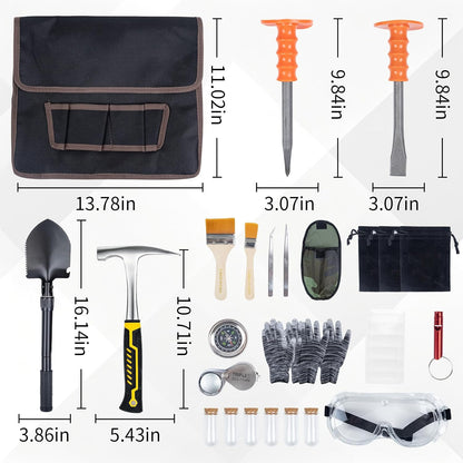 Geology Rock Pick Hammer Kit – 25PCS Rock Hammer Kit, Complete Geology Kit with Chisels,Folding Shovel, Safety Gear,Gold Panning Kit Accessories, Rock Hounding Equipment for Outdoor Exploration