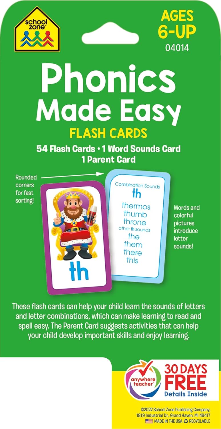 School Zone Phonics Made Easy Flash Cards: 56 Cards, Kindergarten, 1st Grade, 2nd Grade, Early Reading, Short Vowels, Long Vowels, Letter Combinations, Word-Picture Recognition, Ages 6+
