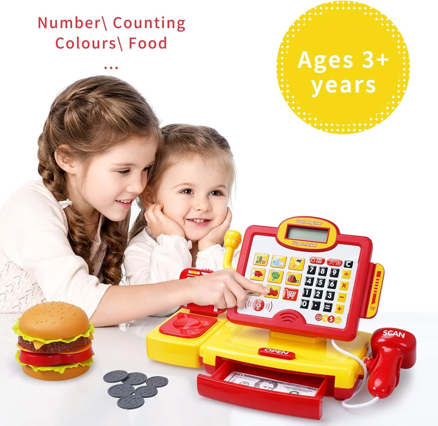 FS Pretend Play Cash Register Toy Preschool Gift for Kids, Classic Count Toy with Sound, Microphone, Scanner, Credit Card, Play Food for Boys & Girls, 57 Pieces Play Set, Ages 3 4 5 6 7, Purple