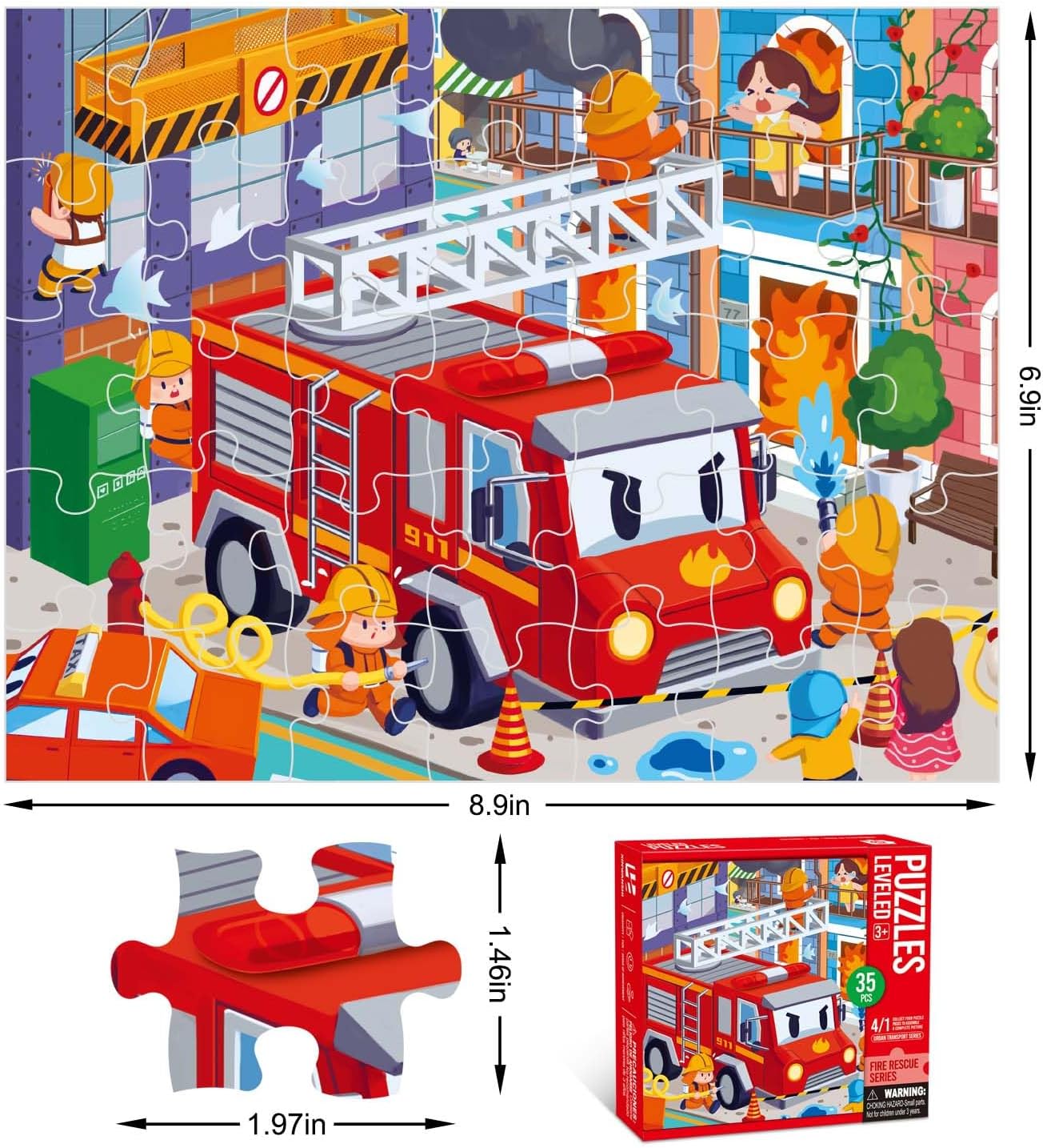 Puzzles for Kids Ages 3-8 Year Old,35pcs Jigsaw Puzzles for Toddlers & Children Ages 4-6，Educational Floor Puzzles with Storage Box for Gifts（Fire Engine）