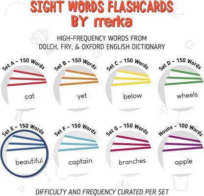 merka Sight Word Flash Cards - 150 Cards, Set B - Fry Sight Words & Vocabulary Flashcards for 1st Grade Reading