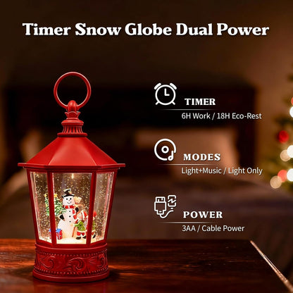 Christmas Lantern Snow Globe, Lighted Musical Snowman Lantern with Swirling Glitter, 10.5'' Christmas Snowing Lantern, USB & Battery Operated with Timer, Vintage Holiday Tabletop Decor
