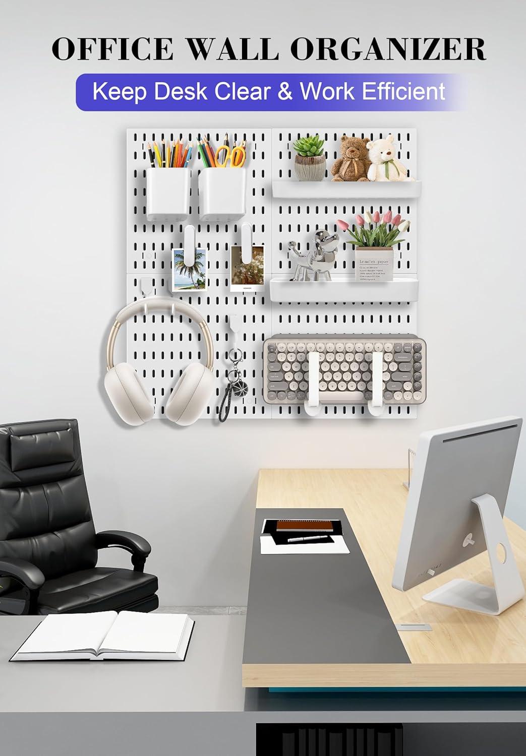 Pegboard Wall Organizer Set – 4 Peg Boards with Hooks & Shelves – Office, Kitchen, Gaming Room Desk Pegboard Storage – Peg Board Wall Display Rack (White)