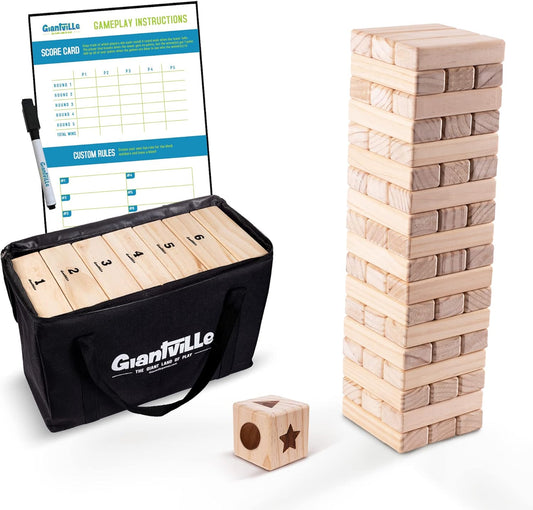 Giantville Giant Tumbling Timber Toy - STEAM-Credited Premium Pine Wood Blocks Tower - Indoor/Outdoor Yard Game for Kids & Adults - 56 Pieces + Carry Bag - Grows to Over 4 Feet