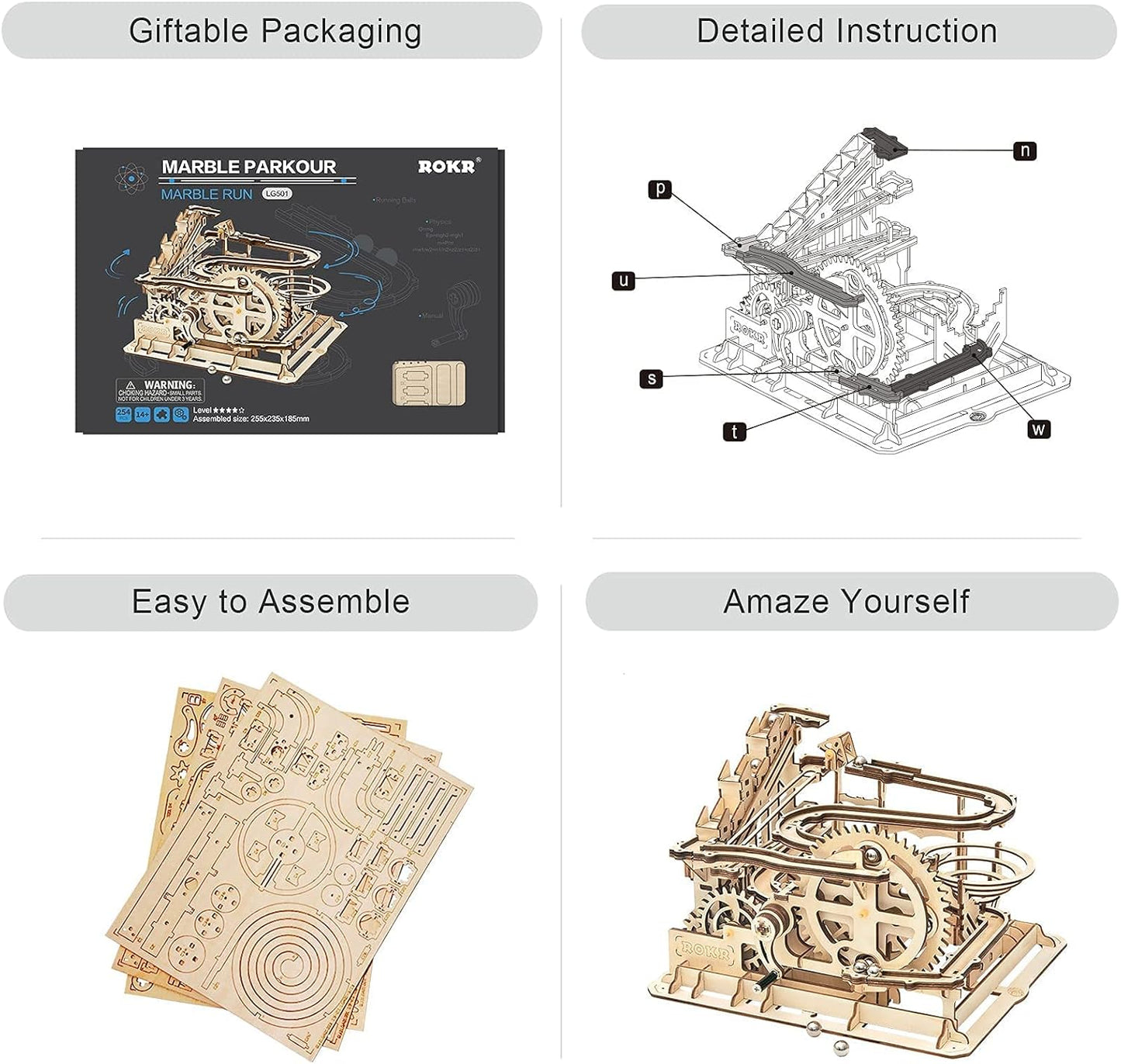 ROKR 3D Wooden Puzzles Marble Run Set - Mechanical Model Kit for Adults DIY Roller Coaster Toys Gifts for Adult (Marble Parkour)