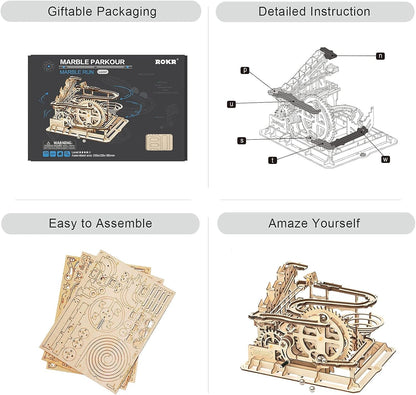 ROKR 3D Wooden Puzzles Marble Run Set - Mechanical Model Kit for Adults DIY Roller Coaster Toys Gifts for Adult (Marble Parkour)
