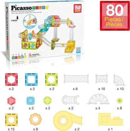 PicassoTiles Marble Run 60 Piece Race Track Magnetic Tiles Magnet Building Block Educational Construction Toy Set Playset STEM Learning Kit Child Brain Development HandEye Coordination Training PTG60