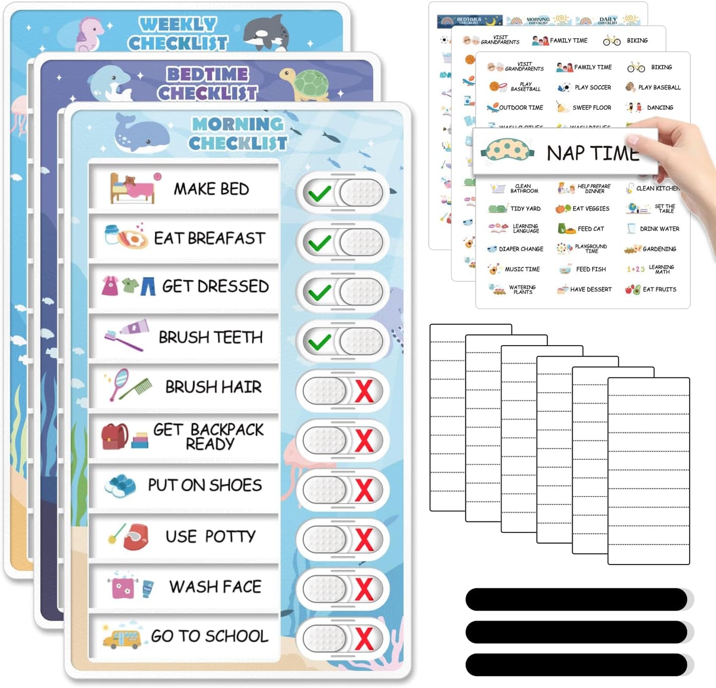 Upgraded Slider 3 in 1 Bedtime/Morning/Daily Routine Chart for Kids, Magnetic Chore Chart for Kids, Visual Schedule for Kids Toddlers Schedule Board for Home